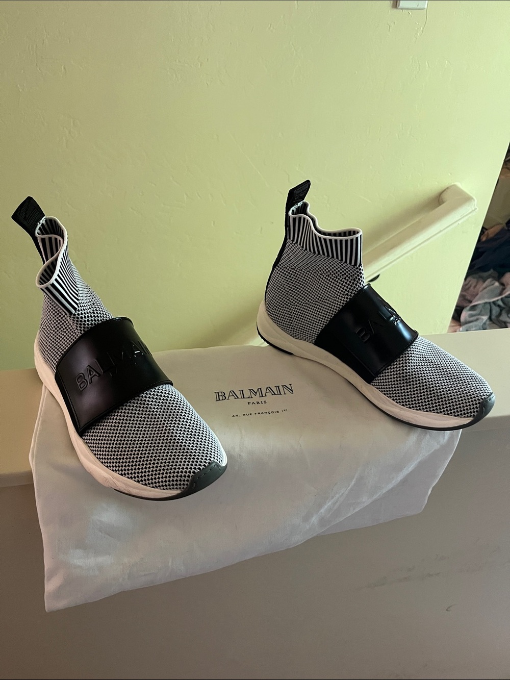 Balmain Black & White Sock Knit Slip-On Sneakers with Logo Strap